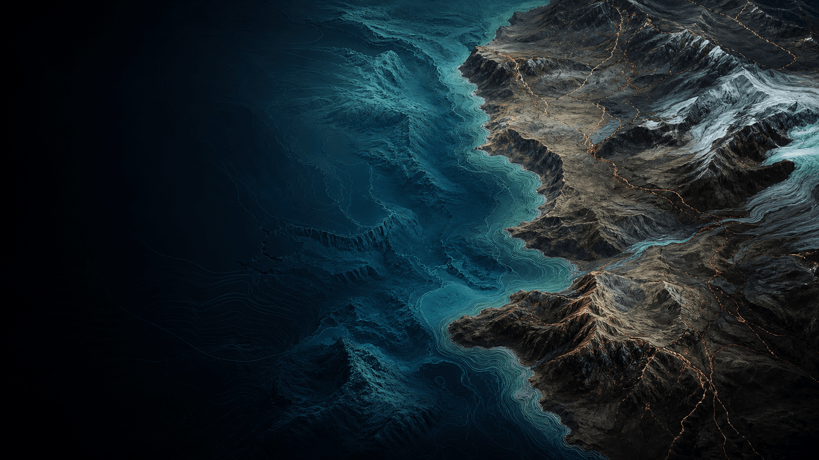 Dark terrain and bathymetry visualization with coastline relief and geological fault lines
